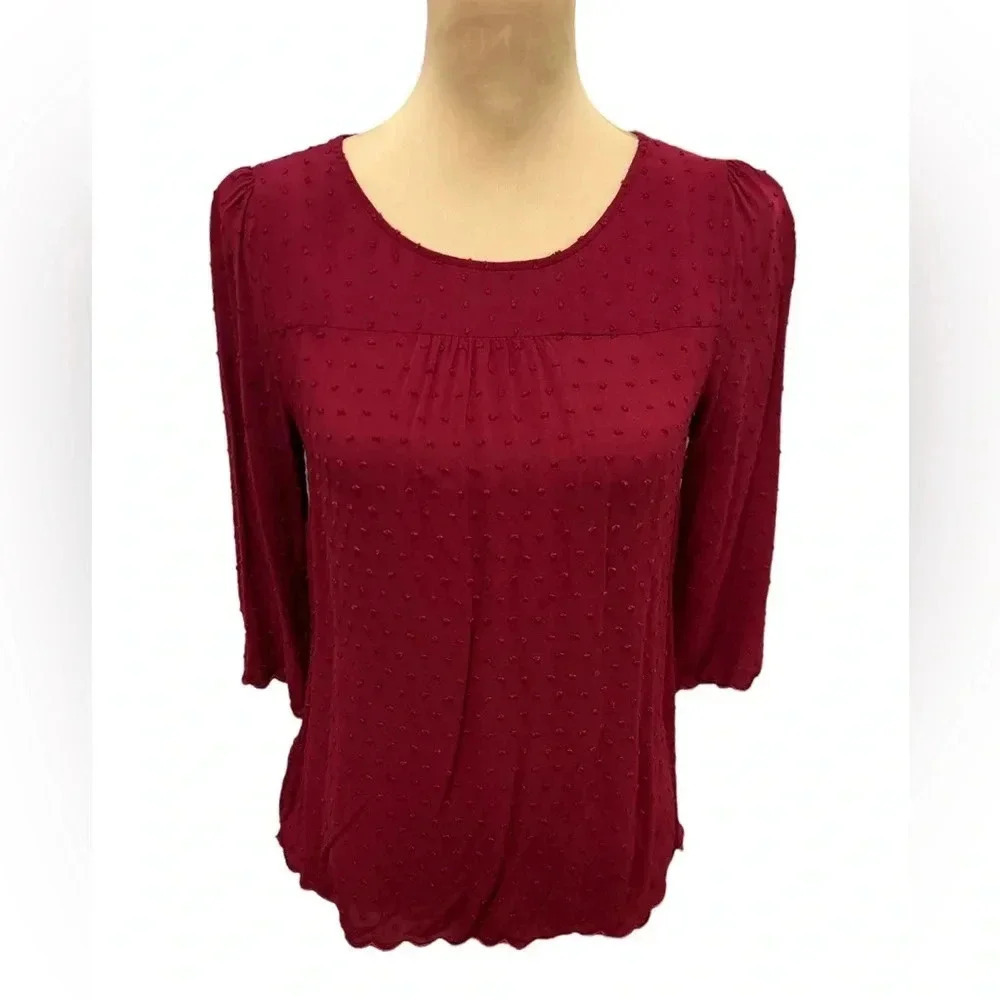 Anthropologie Maeve Women's Swiss Dot Blouse Size 6 Maroon Scalloped Edge